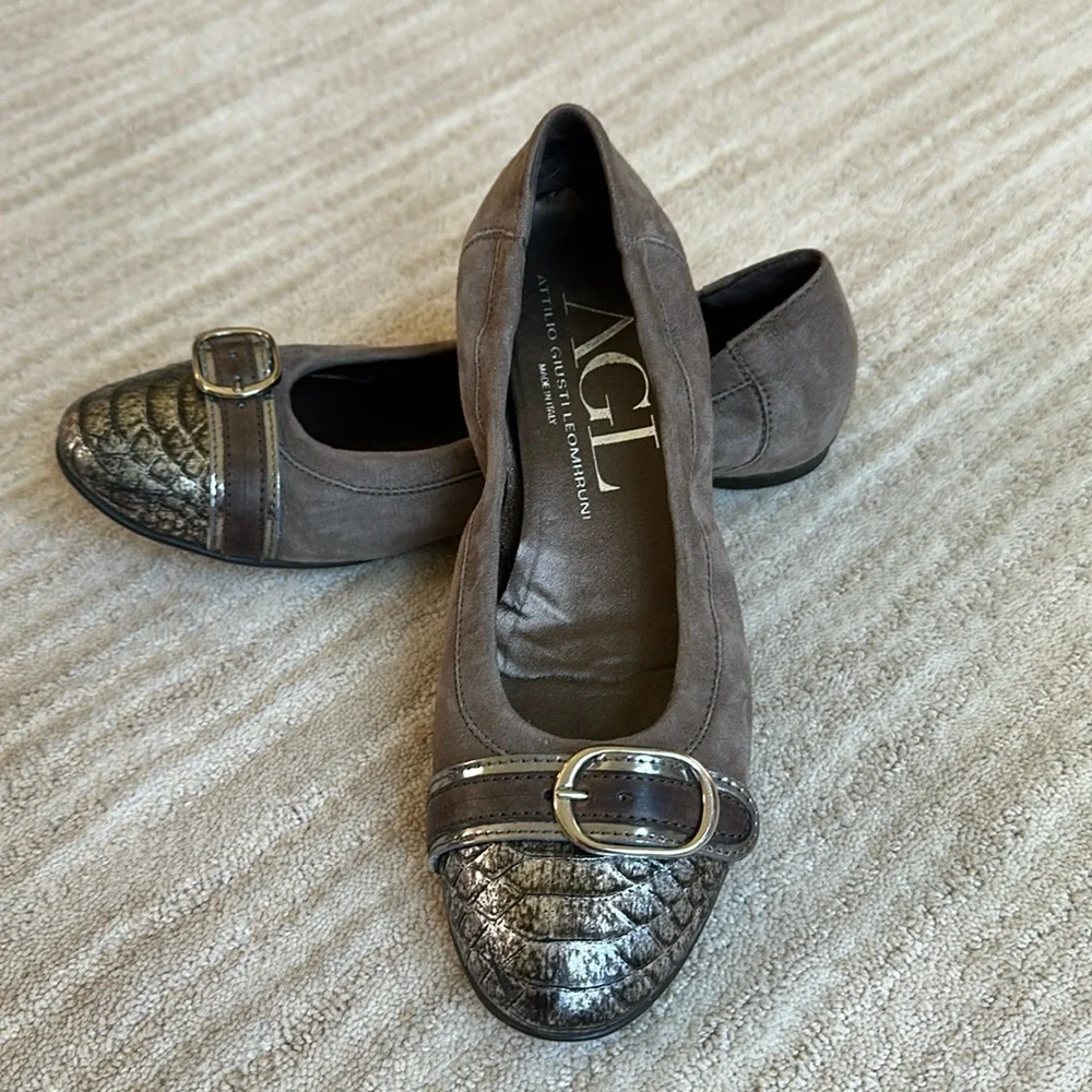 AGL Monika Taupe Suede Metallic Alligator Toe Ballet Flats Decorative Buckle 38